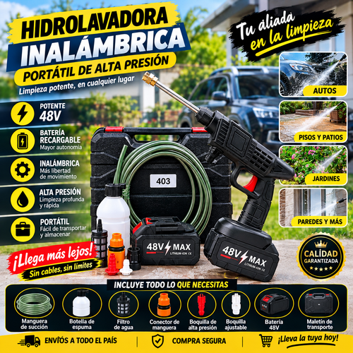 HIdrolavadora con 2 baterías . 2 batería de 48V. Cap. de Batería: 4000 mAh Presión: 30 bar / 435 PSI